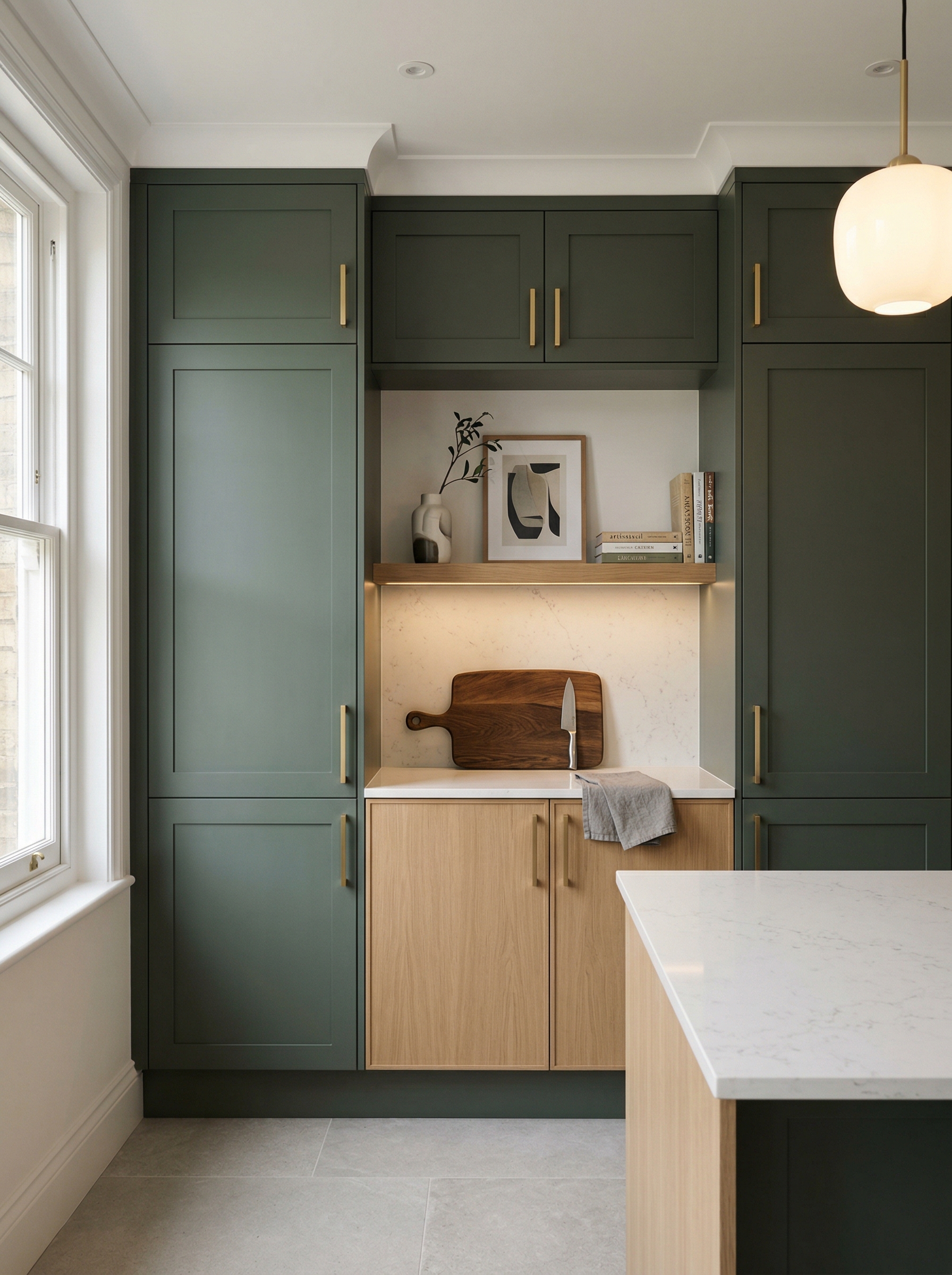 portrait1_600x800 Tall view of full-height bespoke kitchen cabinetry, matt painted handleless slab cabinetry