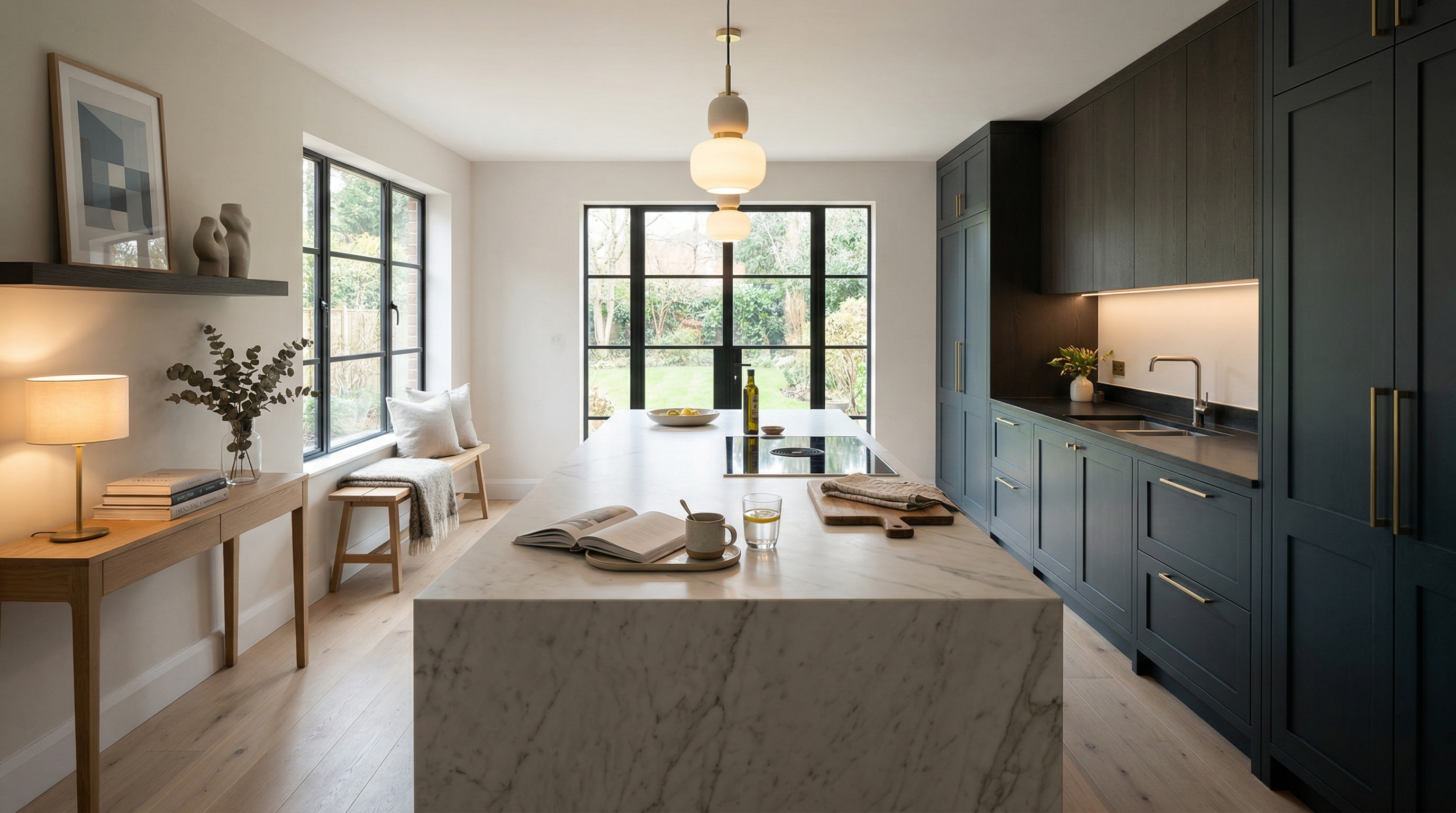 hero2_1200x675 Mastercraft bespoke kitchen in Woburn, wide architectural view showing room volume and design quality