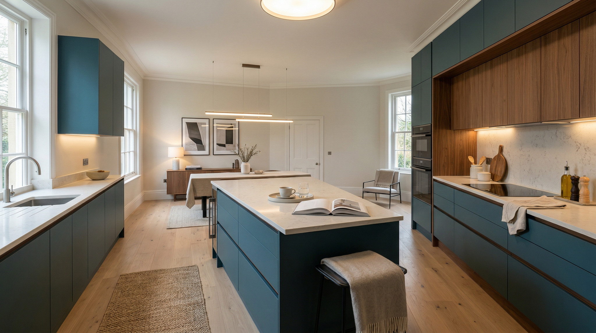 Wide view of a newly completed bespoke Mastercraft kitchen, contemporary painted lay-on cabinetry in airforce tones