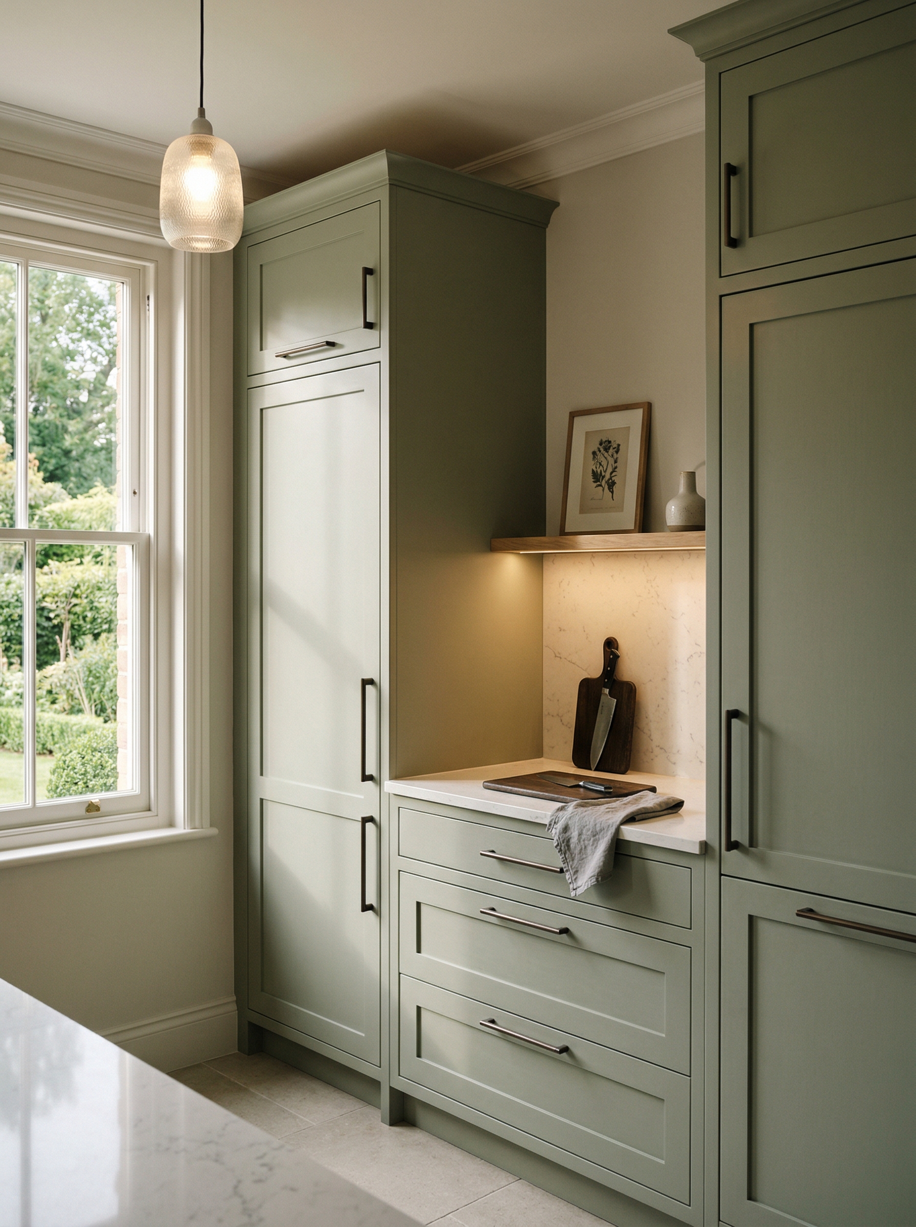 Tall view of full-height bespoke kitchen cabinetry, contemporary painted lay-on cabinetry
