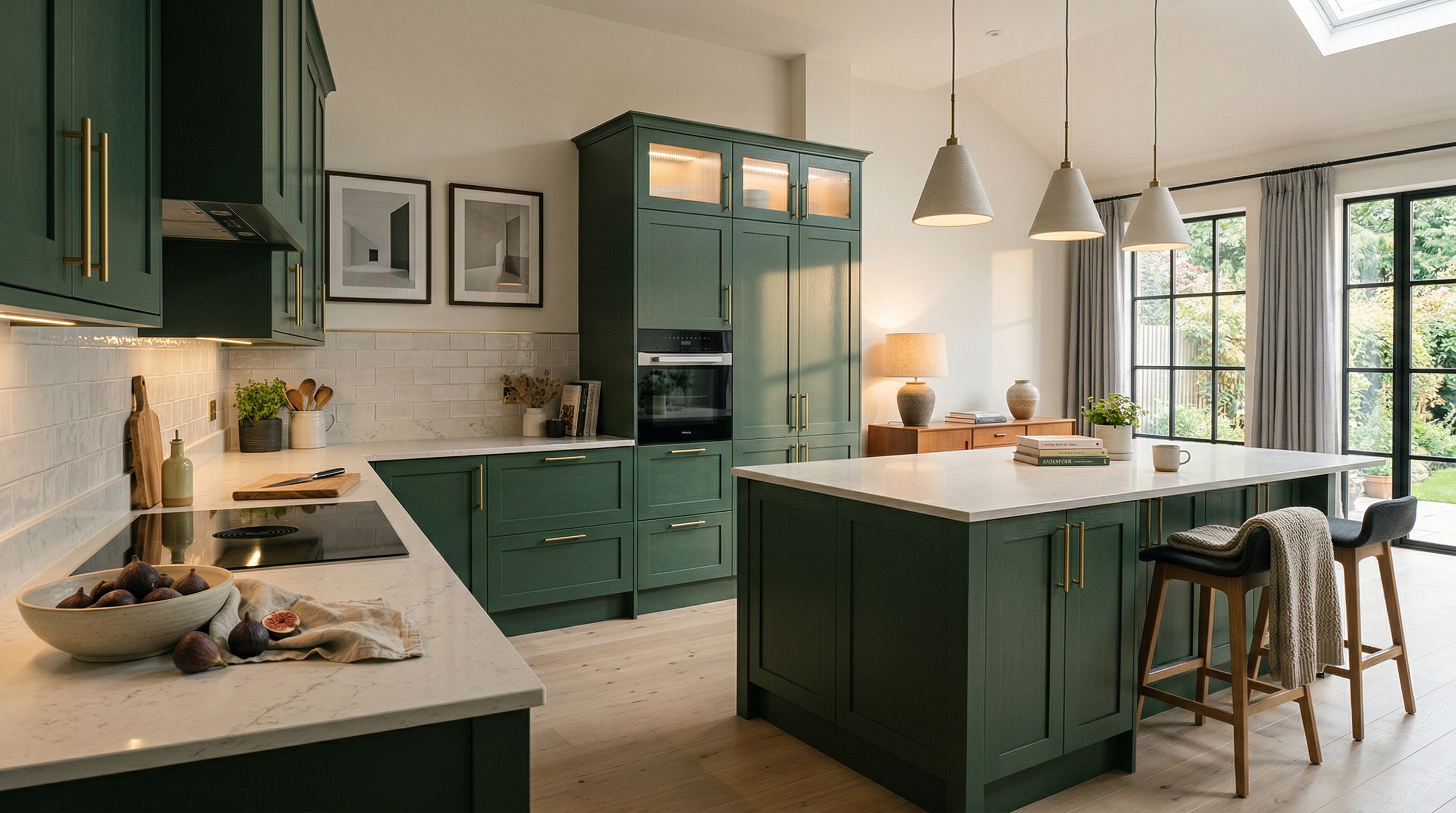 hero_1200x675 Wide view of a newly completed bespoke Mastercraft kitchen, modern shaker cabinetry in marine tones