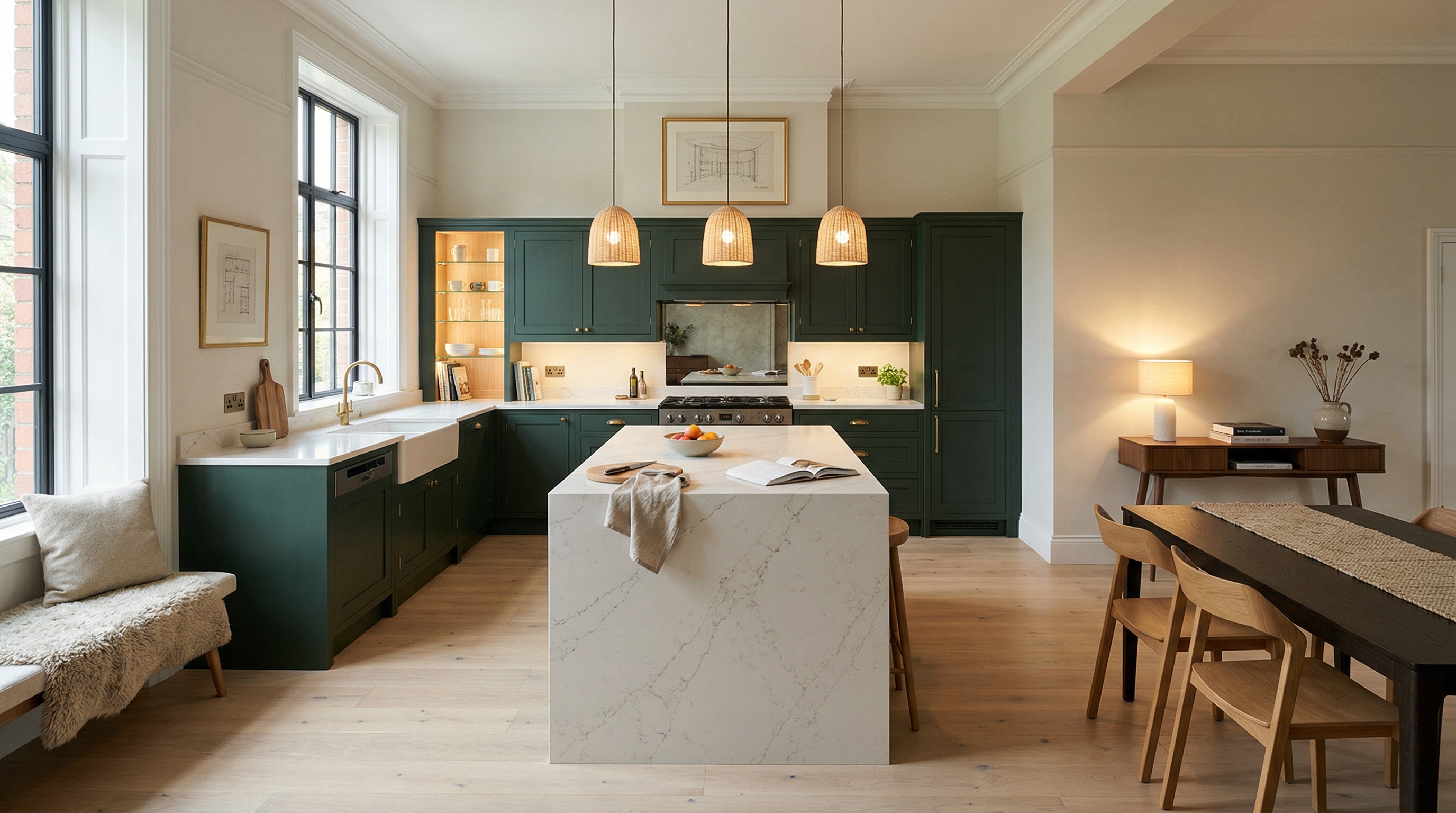 Wide view of a newly completed bespoke Mastercraft kitchen, matt painted handleless slab cabinetry in shell tones