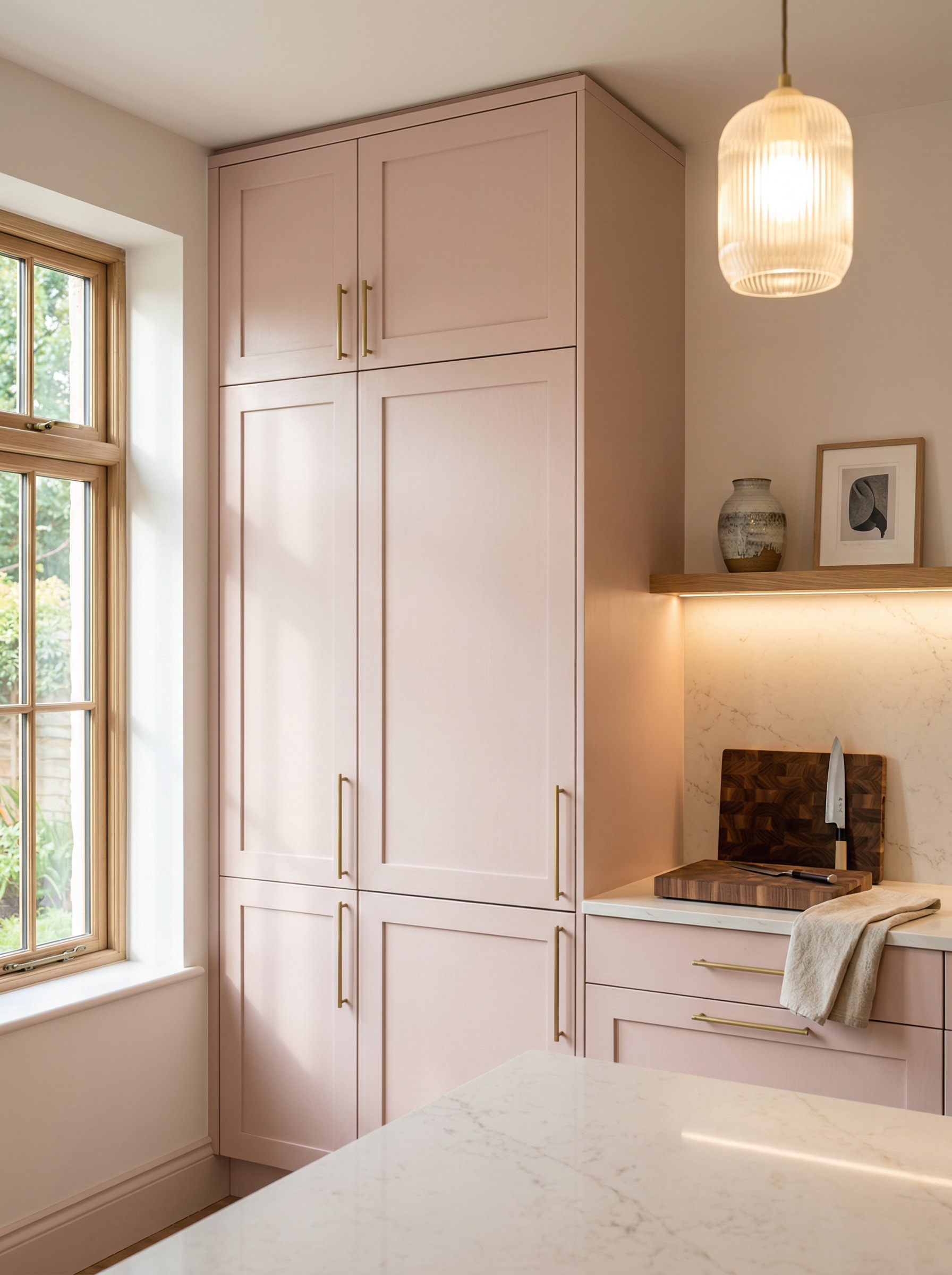 portrait1_600x800 Tall view of full-height bespoke kitchen cabinetry, matt painted handleless slab cabinetry