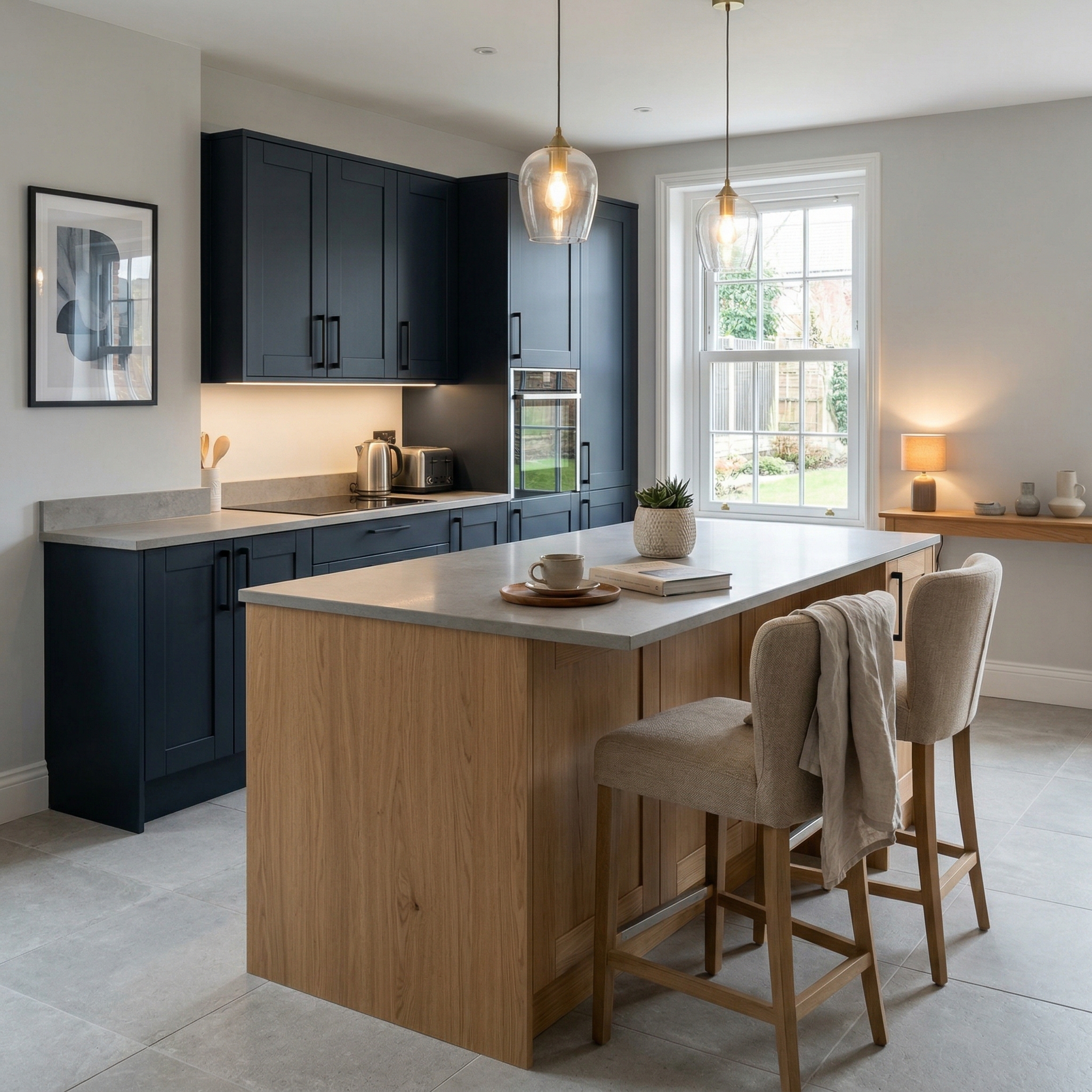 Bespoke kitchen island detail, matt painted handleless slab cabinetry with quality joinery