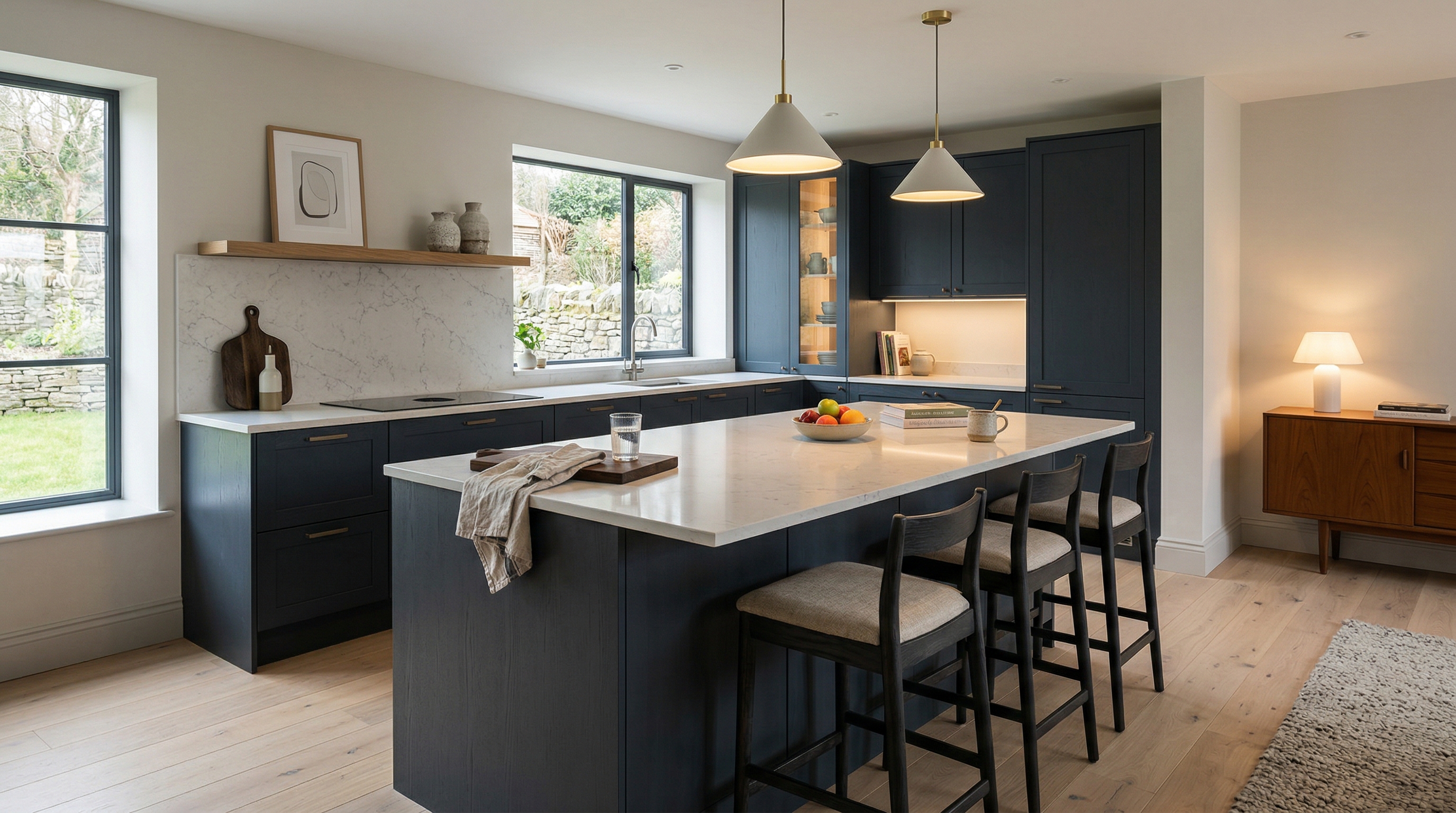 Mastercraft bespoke kitchen in Ystradgynlais, wide architectural view showing room volume and design quality