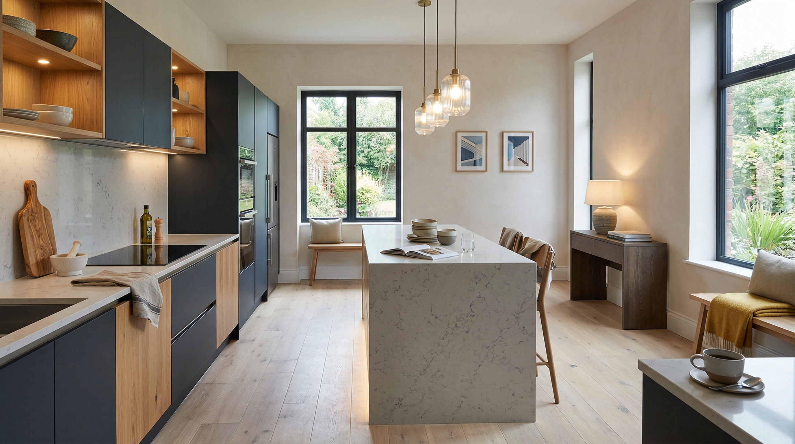 hero_1200x675 Wide view of a newly completed bespoke Mastercraft kitchen, contemporary in-frame cabinetry in light teal tones